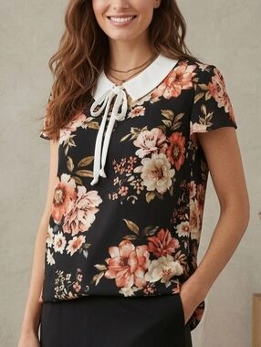 Sz S Faith and Joy by Monteau Black and Pink Floral Blouse